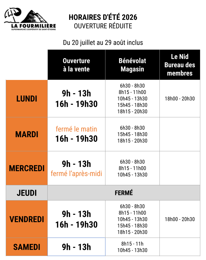 Les horaire d'ouverture du supermarché bio et coopératif La Fourmilière en été ; rendez vous en septembre pour les horaires habituels !